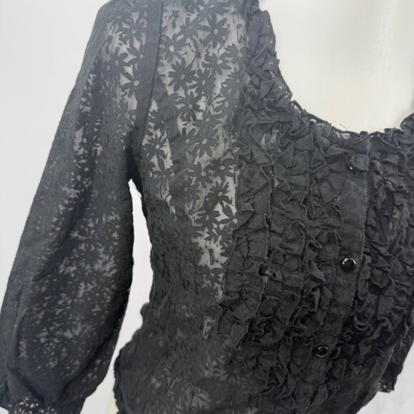 Tribeca Black Sheer Floral Ruffle Button-Up Blouse 3/4 Sleeve Womens S - Picture 3 of 11